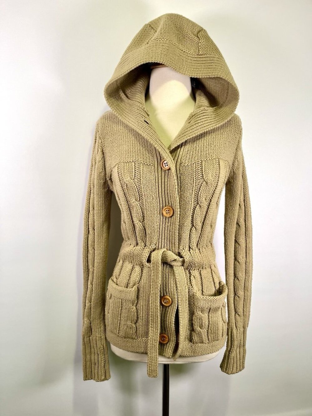 VTG 70s Braetan Hooded Cable Knit Belted Cardigan Sweater Small Cottage Grandpa